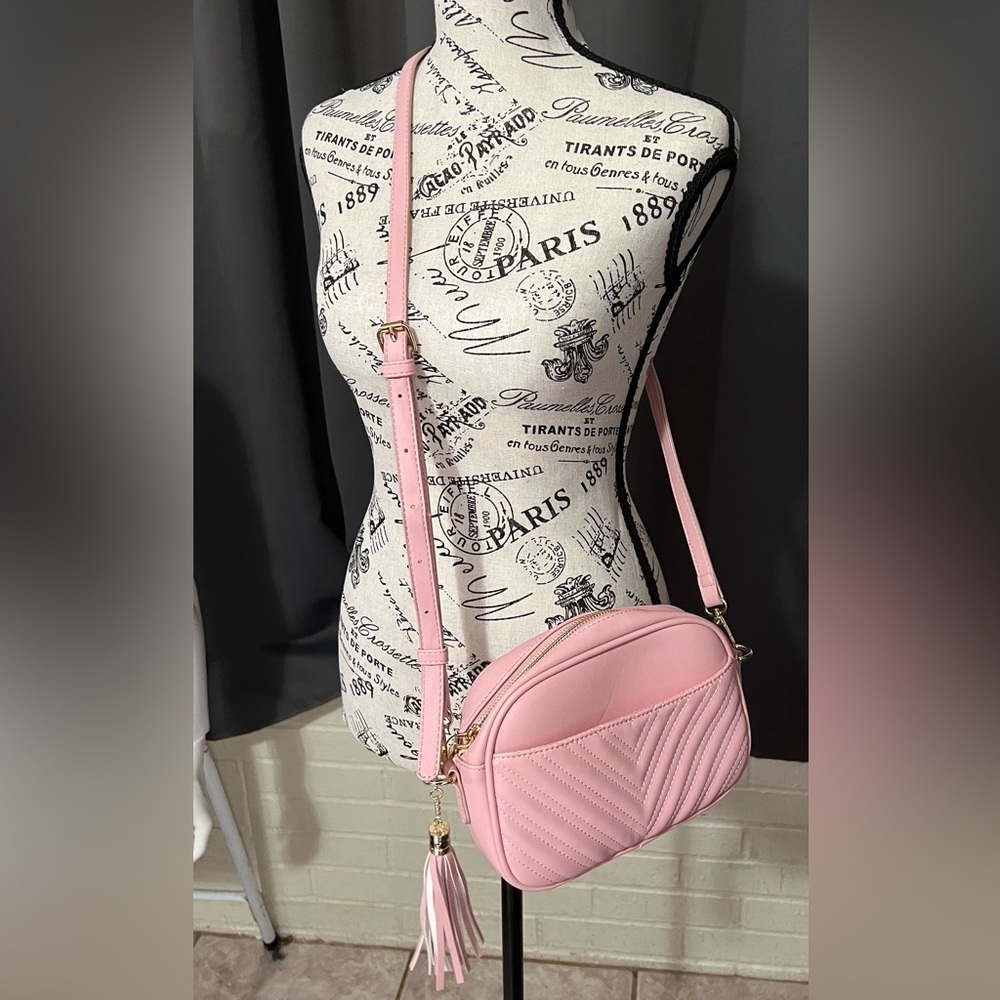 Women's Pink Quilted Crossbody Bag with Tassel Accent